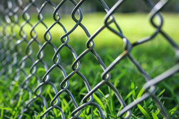 Naklejka premium metal chain link fence with green grass