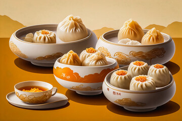 Delicate dim sum elegantly placed in a small, bright orange cup. The dim sum is made with a thin, translucent wrapper, shimmering under soft, natural lighting, revealing the savory filling.