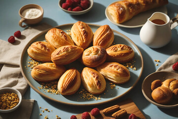 A delicious mix of croissants and flaky pastries on elegant plates, perfect for breakfast, bakery menus, or food blogs. High-end, appetizing, and inviting.