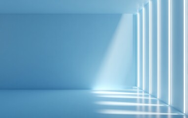 3D rendering of a light blue wall with white neon lines on the right side. Bright room lighting, sharp focus, high brightness, daylight-like illumination, volumetric lighting.