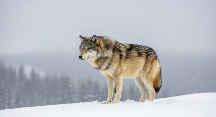 Naklejka premium Lone wolf standing on snowy hill