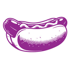 Simple purple stylized illustration of a hot dog with mustard on a white background