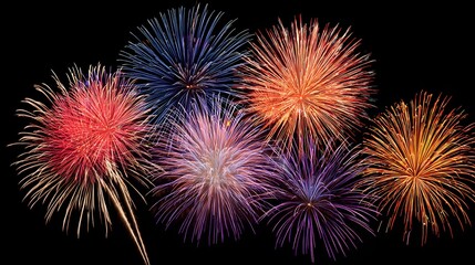 Multicolored fireworks exploding against a dark background.