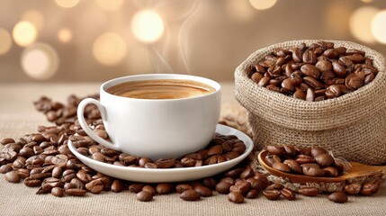 Fototapeta premium Hot Coffee in a White Cup with Steam Rising, Surrounded by Roasted Coffee Beans in a Burlap Bag and on a Wooden Surface, Warm Cozy Morning Beverage Scene