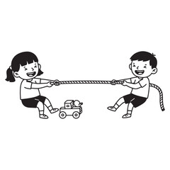 Two happy children playing tug of war with toy car in a black and white cartoon