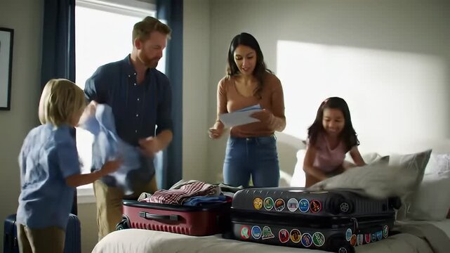 Excited diverse family packs suitcases for a vacation at home.