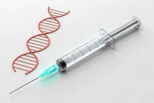 Medical syringe with glowing blue liquid next to a dna double helix strand symbolizing genetic research and treatment - Powered by Adobe