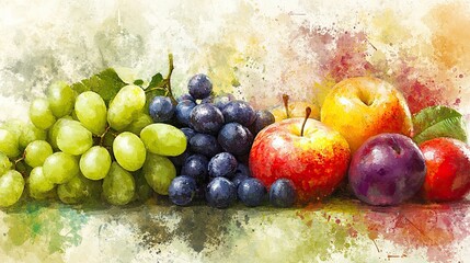 Watercolor still life of grapes, apples, and plums.