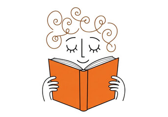 A simple, charming illustration of a person with curly hair reading an open orange book with their eyes closed in enjoyment isolated on transparent background