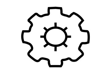 The image displays a bold, black outline icon of a gear, also commonly known as a cogwheel. The gear has multiple irregular, somewhat rounded teeth around its circumference. 