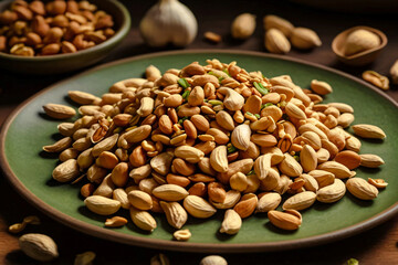 A bright green plate containing a mix of roasted peanuts and garlic chips. The peanuts are golden brown, some whole and some split.