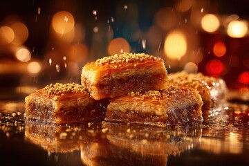Deliciously arranged baklava pieces glistening with syrup, set against a festive, blurred backdrop