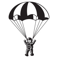 Vector illustration of a person skydiving under a black and white striped parachute