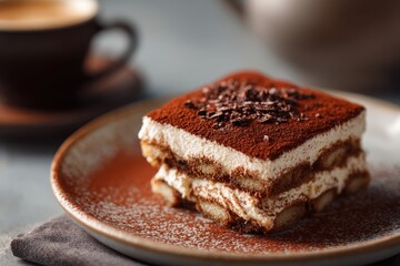Deliciously layered tiramisu dessert served on a rustic plate with coffee in the background