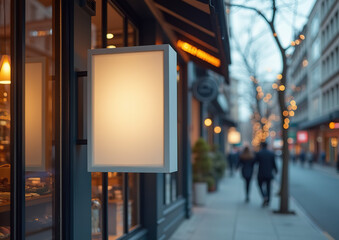 Storefront Sign Mockup – Blank Outdoor Business Sign on Urban Street Background for Logo and Branding Presentation