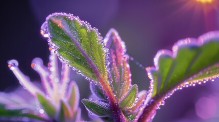 Macro View of Dewy Cannabis Bud Highlighting Emerald and Purple Trichomes in Gothic Style