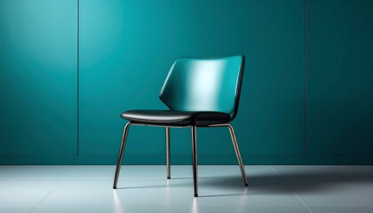 Teal-backed chair with black leather seat on light floor