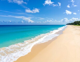 Tranquil beach scene; soft waves lap a pristine, pale sand shore under a vibrant blue sky