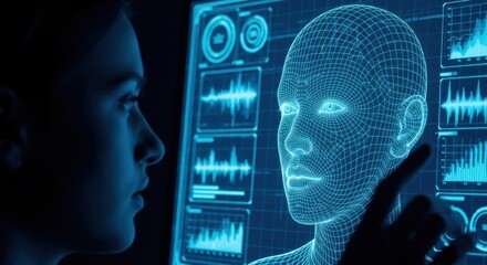 A woman looks at a futuristic computer screen displaying a glowing blue wireframe of a human head and complex data visualizations
