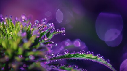 Macro Close Up of Cannabis Bud with Dewy Trichomes Revealing Emerald and Purple Hues in Gothic Mood