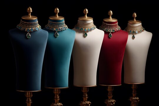 Five mannequin necks with a velvet and gold stand, in different colors of blue-green, red, and white against a black background,