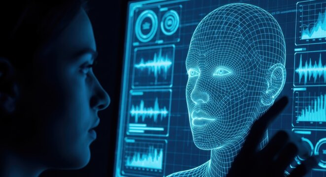 A woman looks at a futuristic computer screen displaying a glowing blue wireframe of a human head and complex data visualizations