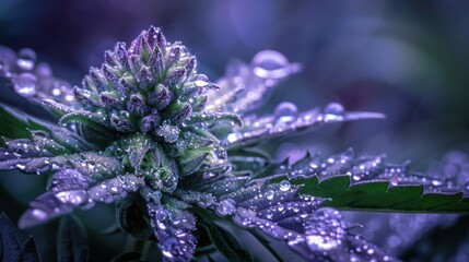 Glistening Cannabis Bud Macro Close Up Highlighting Dewlike Trichomes in Emerald and Deep Purple Gothic Ambience