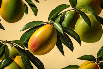 Ripe mangoes hanging gracefully from the branches of a tree. The mangoes exhibit a stunning color gradient, transitioning from bright red at the top to rich yellow and shades of green at the bottom.