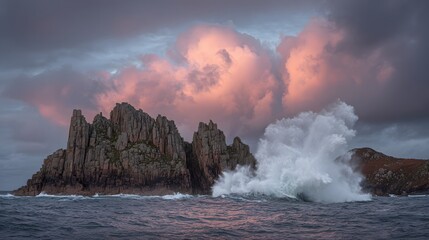 Dramatic ocean waves crashing against a rugged coastal rock formation during a colorful sunset.