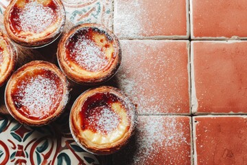 Delicious traditional desserts with caramelized tops and powdered sugar on a decorative tile background