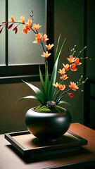 A stunning bonsai in full bloom, featuring a wide variety of flowers in vibrant colors, including pink, white, orange and red. It has a twisted and gnarled trunk that exudes age and character.