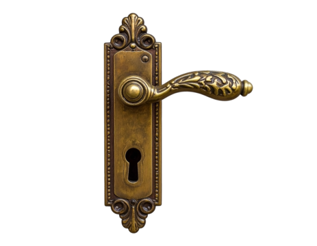 Ornate vintage brass door handle with decorative plate on transparent background. Ideal for antique, home decor, or architectural themes. Generative AI