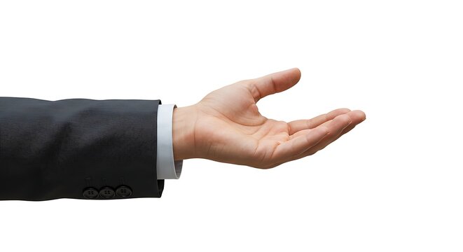 Professional man in a business suit with an open palm gesture, symbolizing a proposal, support, or invitation.