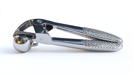 A single, beautifully textured 4K photorealistic image of a stainless steel garlic press, robust construction, perfectly isolated on a pure white background. Warm, inviting lighting, subtle shadow