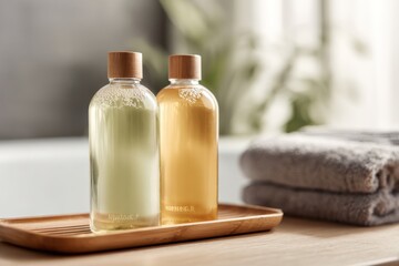 Elegant bathroom scene featuring two beautifully designed bottles of liquid on a wooden tray with towels