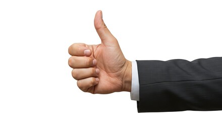A businessman's hand giving a thumbs-up gesture for success and approval on an isolated white background.
