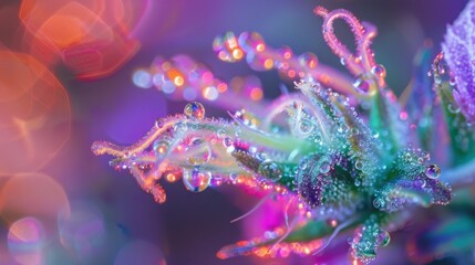Glistening Cannabis Bud Macro Closeup Revealing Trichomes and Deep Green Purple Hues in Gothic Style