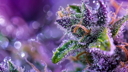 Glistening Cannabis Bud Macro Close Up Revealing Dewy Trichomes and Emerald Purple Tones