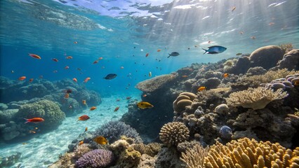Fototapeta premium Vibrant Tropical Reef Underwater Scene: Colorful Fish and Coral in Sunlit Ocean
