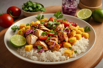 An appetizing and visually stunning bowl of food. The bowl contains slices of perfectly grilled chicken breast, slightly charred for texture, garnished with fresh coriander leaves.