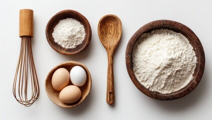 Wooden bowls, whisk, spoon, flour, and eggs arranged on a white surface