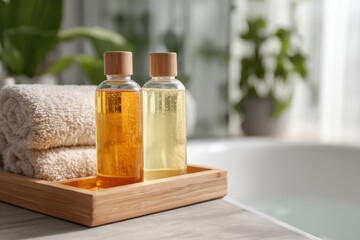Elegant spa setting featuring amber and yellow bottles on a wooden tray with towels and greenery