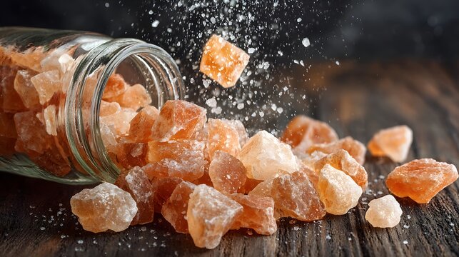 Himalayan pink salt crystals spilling from a glass jar.