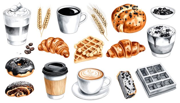 Watercolor illustration of various breakfast foods and coffee drinks