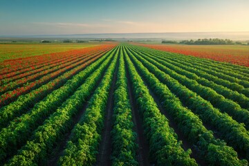 Expansive vineyard landscape at sunset with vibrant rows of grapevines and distant hills
