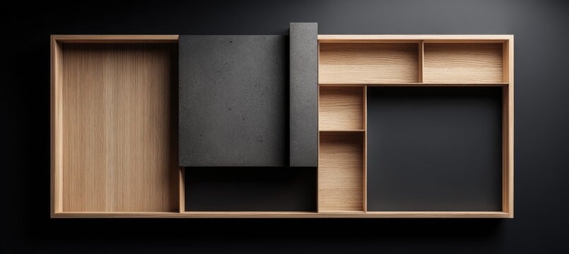 Modern, minimalist wall-mounted shelving unit, featuring a mix of light oak and dark gray panels - Powered by Adobe