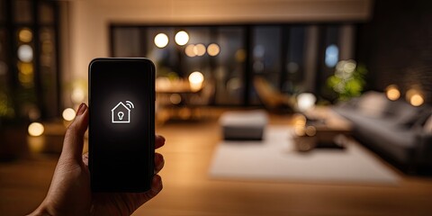 Smart home app on a phone in a modern living room