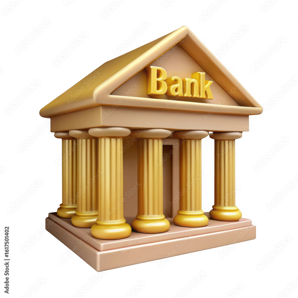 Poster 3d classic bank building with columns isolated on transparent background