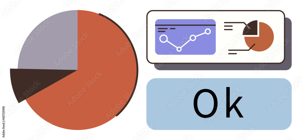 Aufkleber pie chart, line graph, data dashboard, and ok text highlight analytics insights. ideal for business 