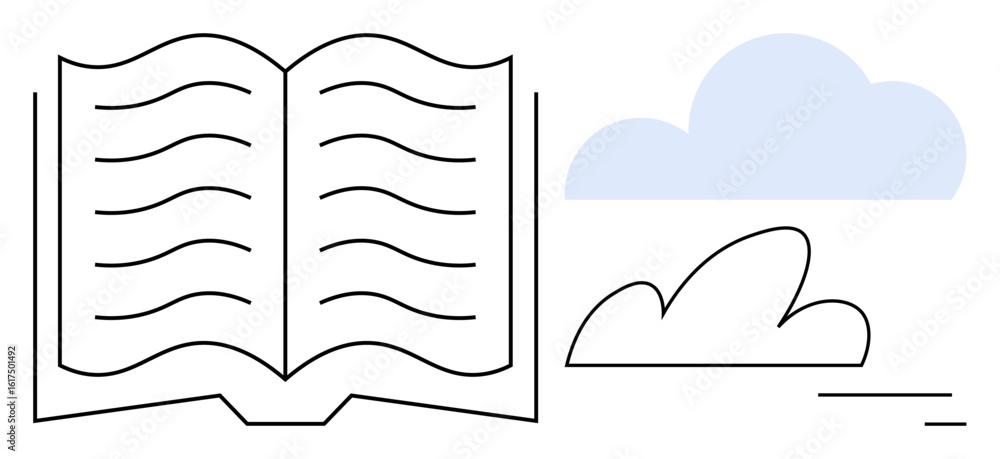 Poster open book with flowing lines representing text alongside abstract clouds. ideal for education, readi